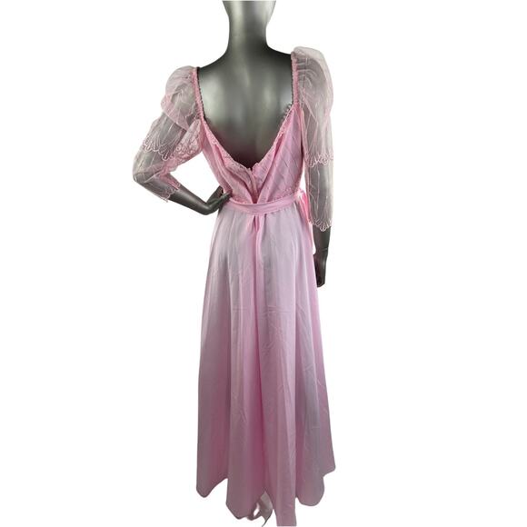 Vintage 1980s Pink Maxi Dress with Mesh and Embroidered Bodice Medium - Picture 3 of 8